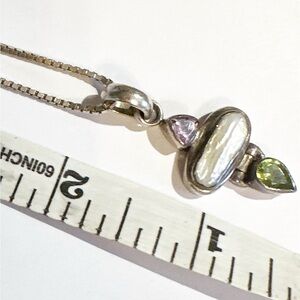 Sterling Silver, fresh water pearl, amethyst and emerald Necklace